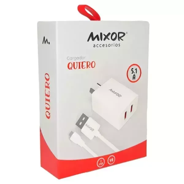 CARGADOR 220V 3.1A - QUIERO - 2USB + CABLE V8 - MIXOR