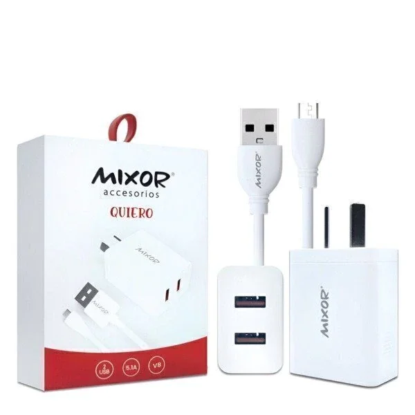 CARGADOR 220V 3.1A - QUIERO - 2USB + CABLE V8 - MIXOR - 2